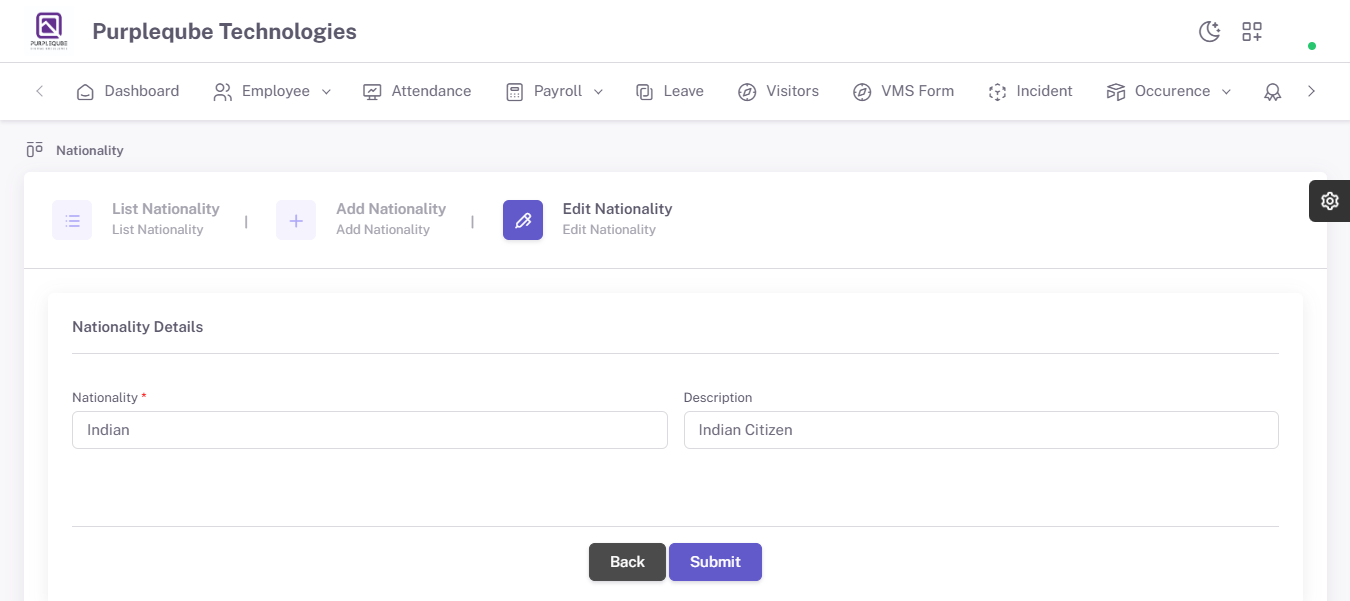 Edit Nationality form with pre-filled nationality details